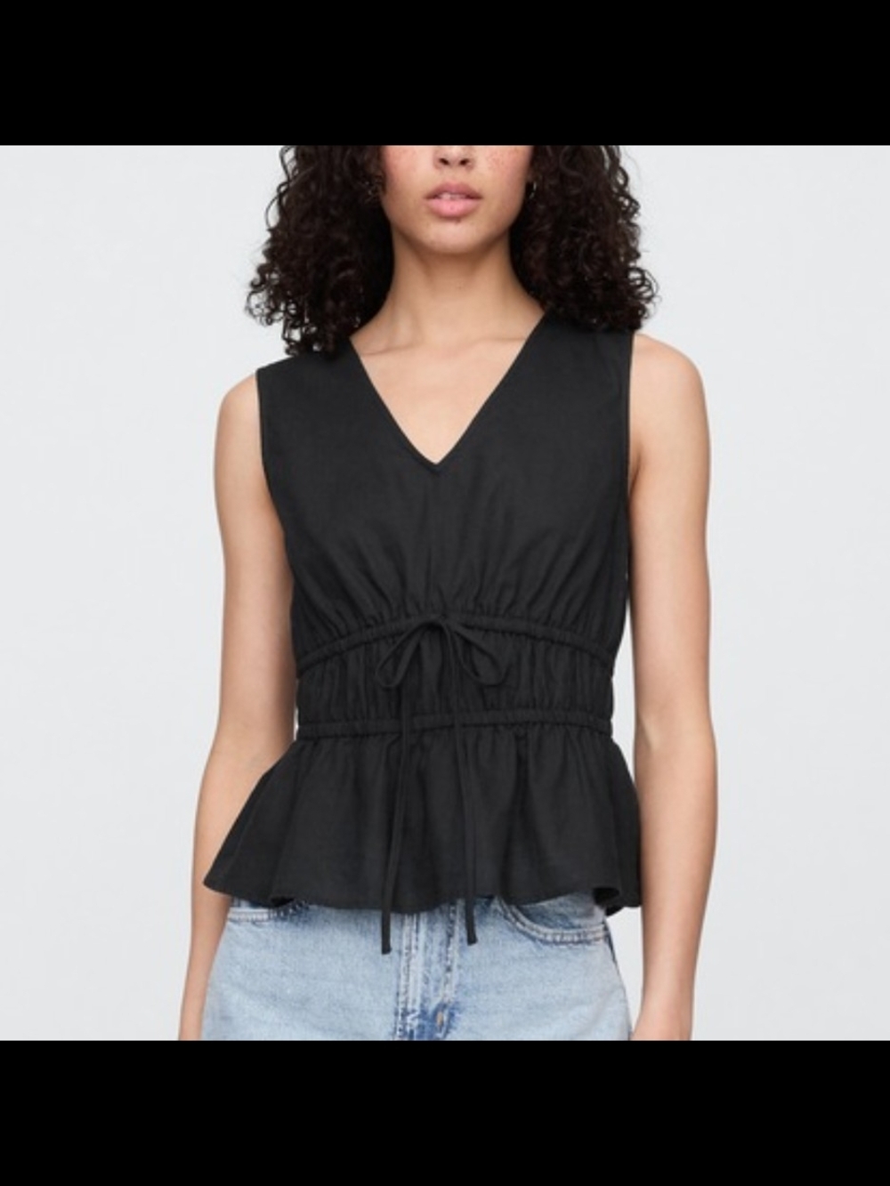 GAP Linen Blend Sleeveless V-Neck Drawstring Peplum Top - Black